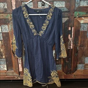 Forever 21 Navy and Gold Embroidered Mini Dress